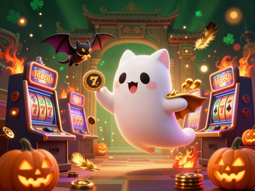 Experience the thrill at Jambitoto with a playful ghost cat and a bat, surrounded by vibrant casino elements.