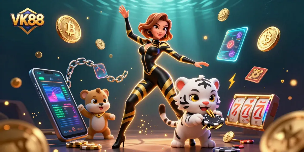 Engage with the thrilling world of VK88 as a stunning woman in action plays a winning poker hand with a sparkling tiger theme.