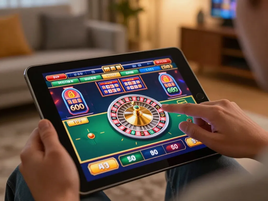 Engaged user strategizing on S666.com with tablet showing online casino games, warm home atmosphere.