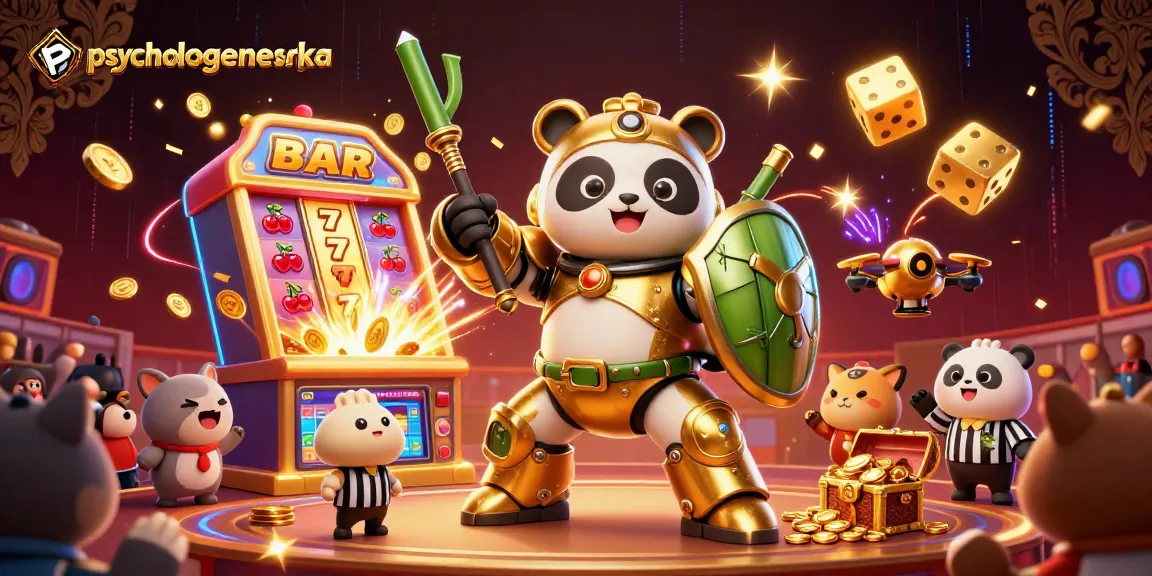 Engage with psychologeneureka in a vibrant, animated casino battle scene featuring a mech-suit panda.