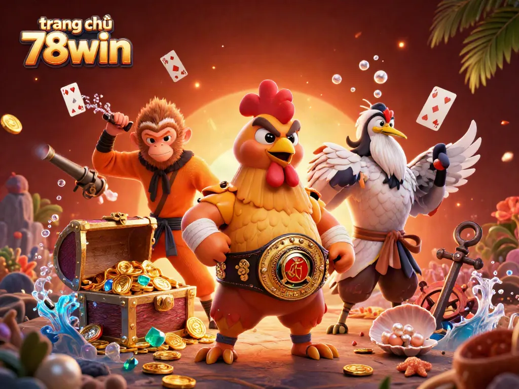 Engage with the vibrant action of trang chủ 78win featuring a Muay Thai rooster and animal warriors surrounded by treasure and casino elements.