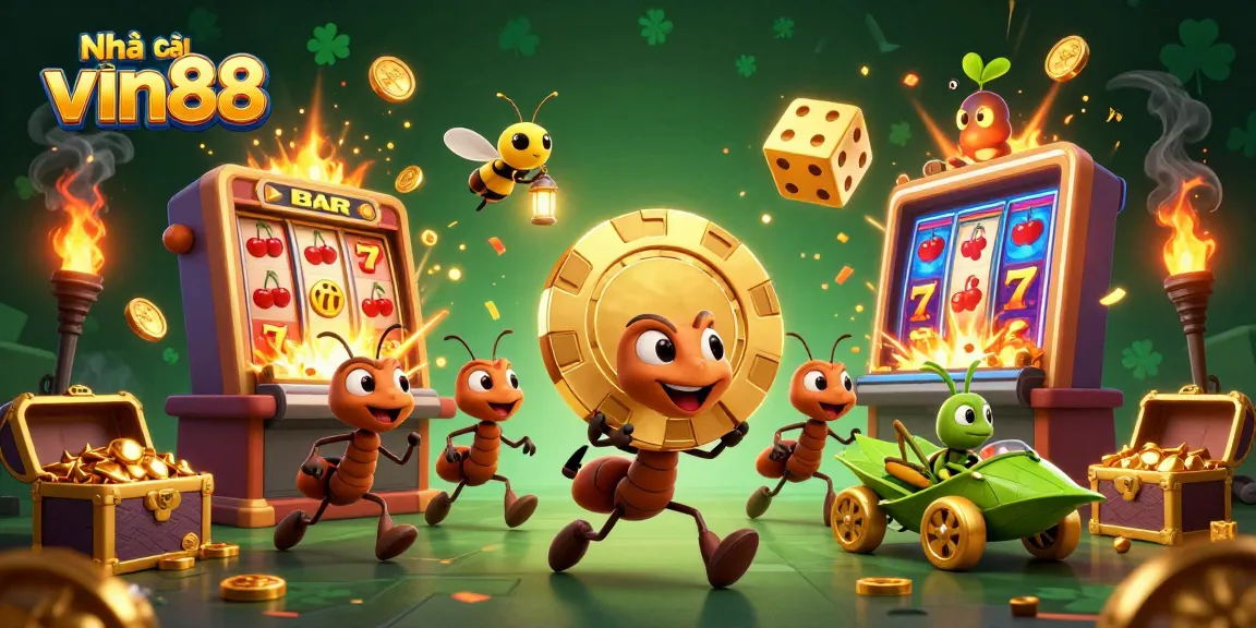 Experience thrilling action at Nhà cái vin88 with ants heisting poker chips in a vibrant casino setting.