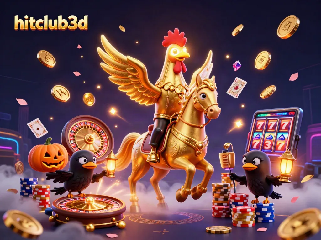 Win big with hitclub3d in a vibrant casino scene featuring a golden rooster and spectral horse.
