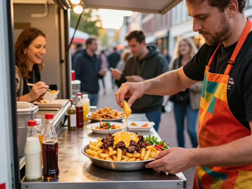 Heerlijke kapsalon met frietjes, dönervlees en kaas geserveerd vanuit een foodtruck in een levendige straatvoedselomgeving.