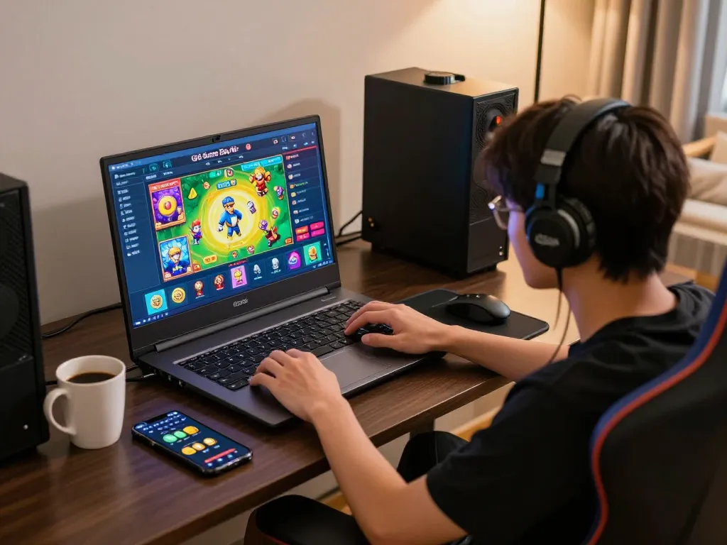 Engaged player enjoying 68 Game Bài on laptop, showcasing vibrant gaming setup with strategic approach.