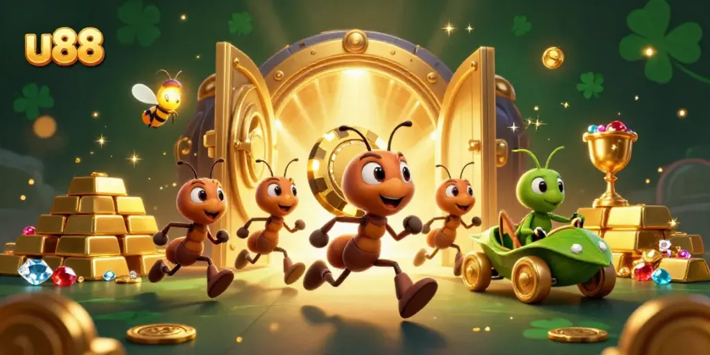 Join the u88 adventure as cartoon ants run with a giant poker chip, surrounded by treasure in a vibrant casino setting.