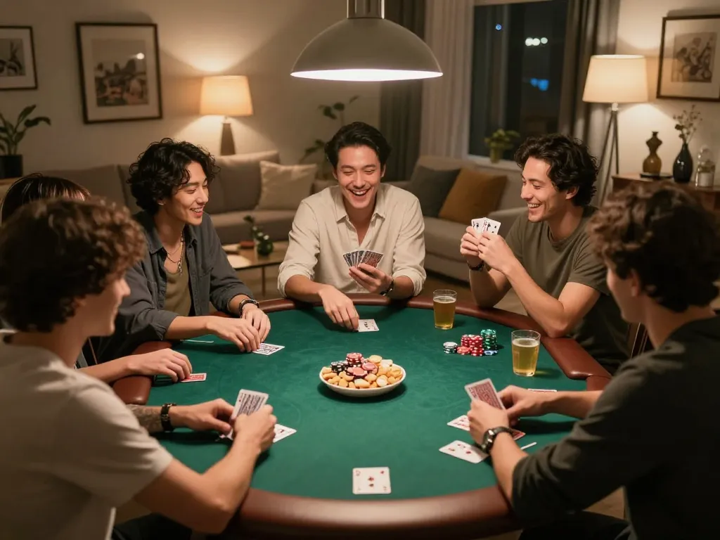 Engaged players enjoying a lively poker game at home, showcasing 78win's community spirit and strategic gameplay.
