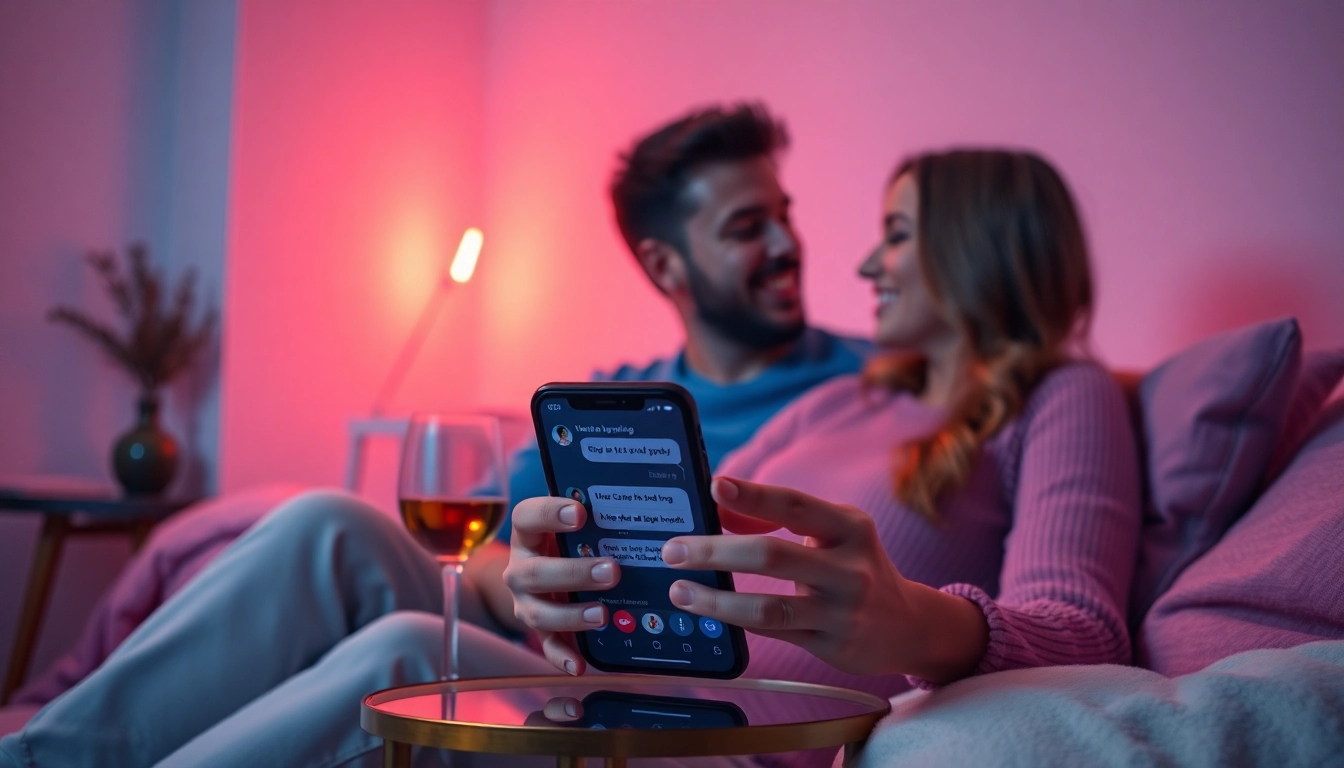 Couple enjoying playful sexting AI conversation in a cozy, romantic setting.