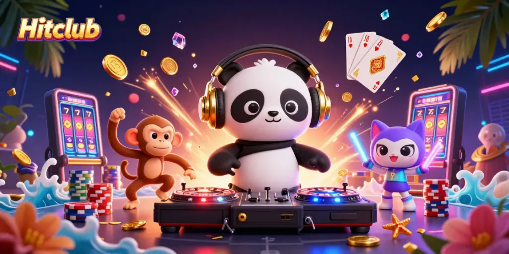 Engage with Hitclub's vibrant gaming world filled with animated characters, dynamic casino elements, and colorful graphics.