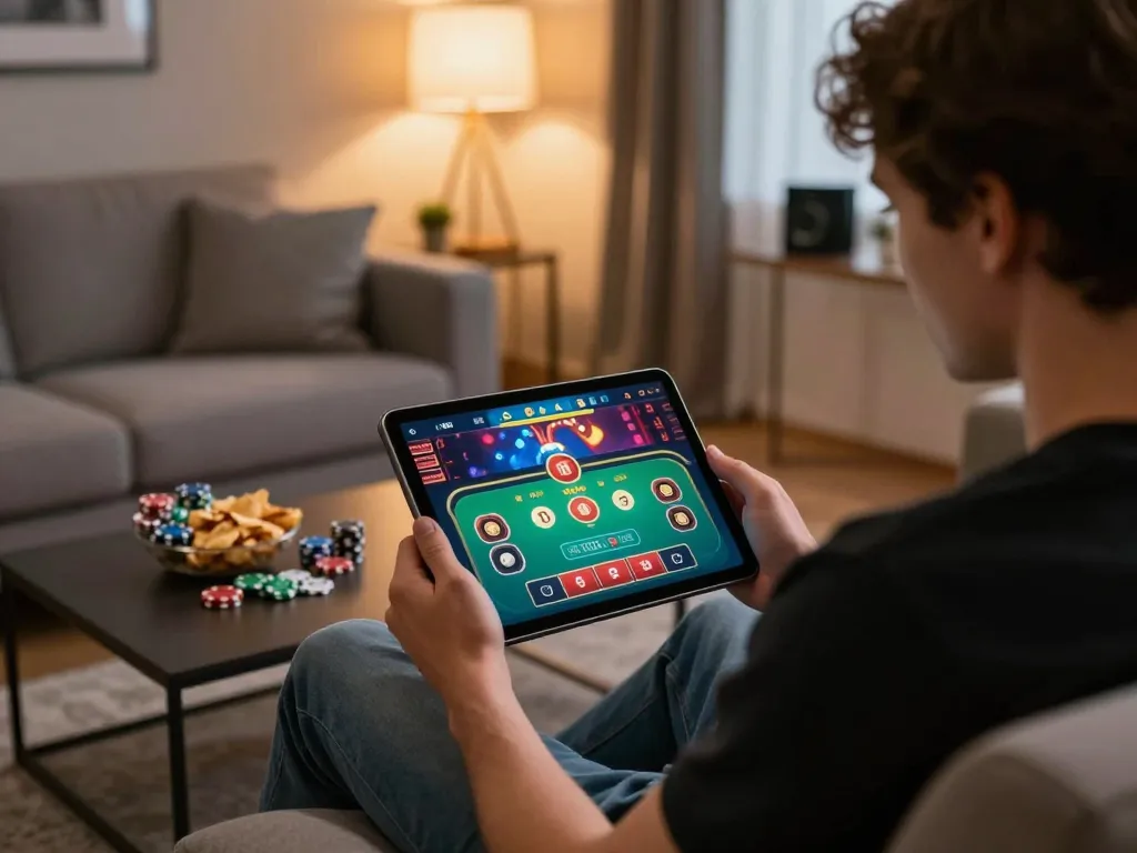 Person gaming on tablet in cozy living room, enjoying o8 casino experience with snacks
