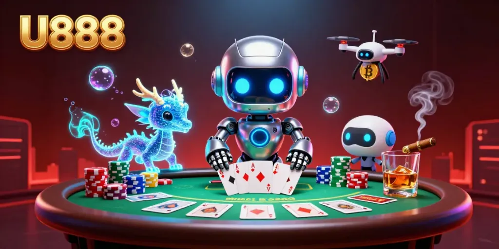 Engage in thrilling gaming adventures with U888's energetic casino scene featuring vibrant characters and dynamic poker elements.