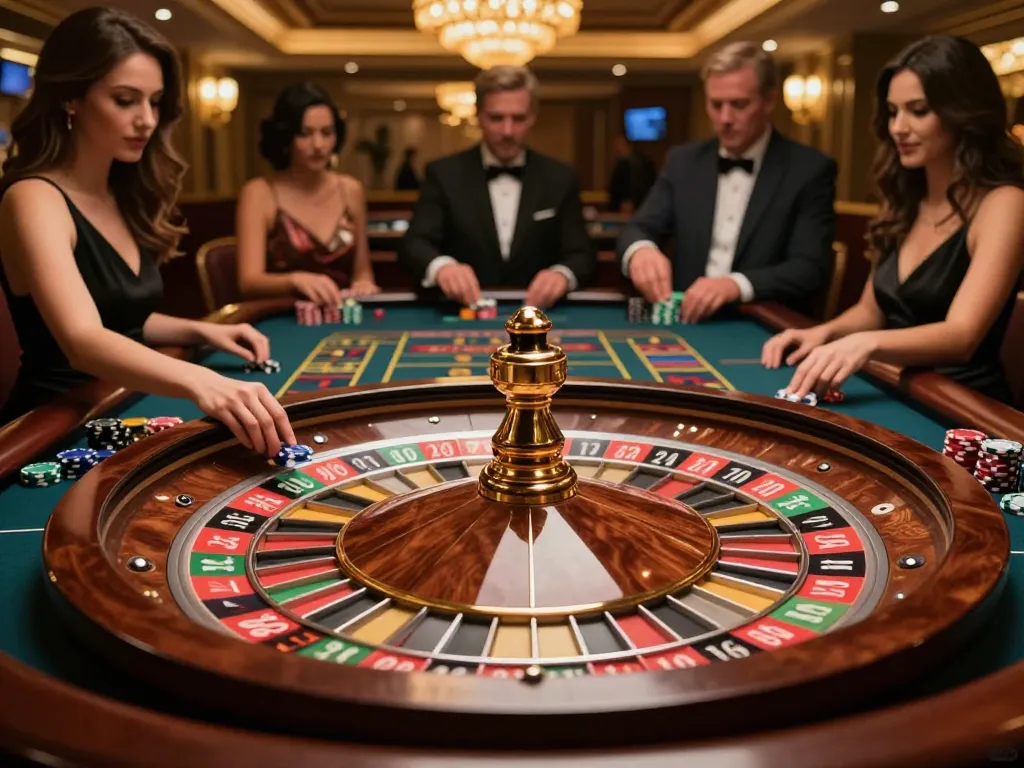Players engaging in an exciting roulette game at da88hq casino with vibrant chips and spinning wheel.