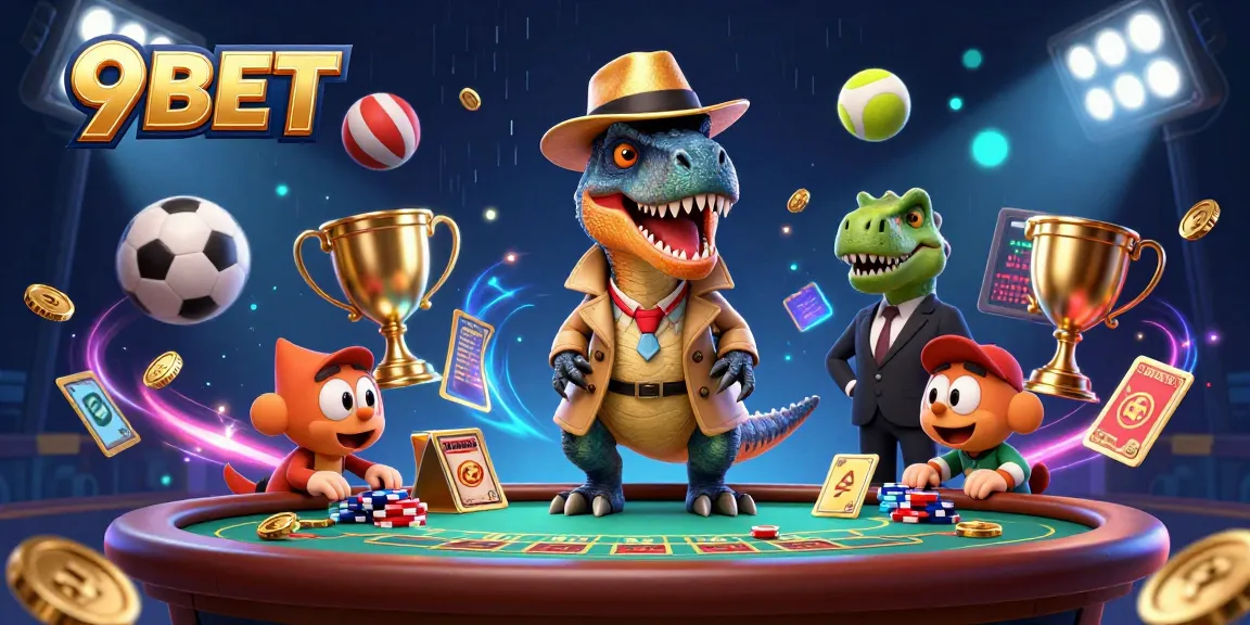 Experience the thrill of 9BET with animated characters engaging in casino action amidst vibrant gameplay elements.