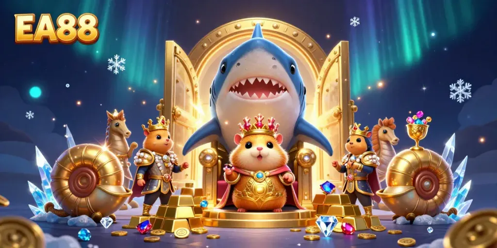 Experience thrilling gameplay with EA88, featuring golden treasures and royal characters in a dynamic casino scene.