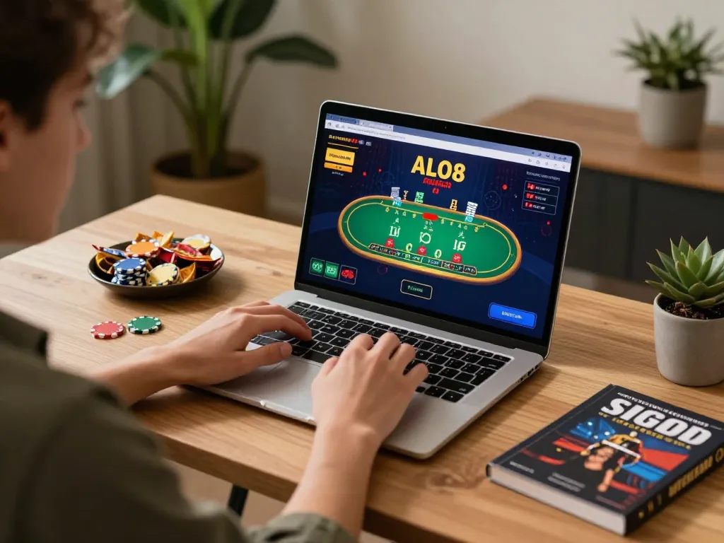 Player engaging in ALO8 live dealer blackjack at home, showcasing screen with cards and bets.