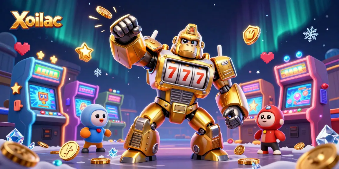 Xoilac showcases a vibrant 3D cartoon gorilla mech with golden slots, enhancing the online gaming experience.