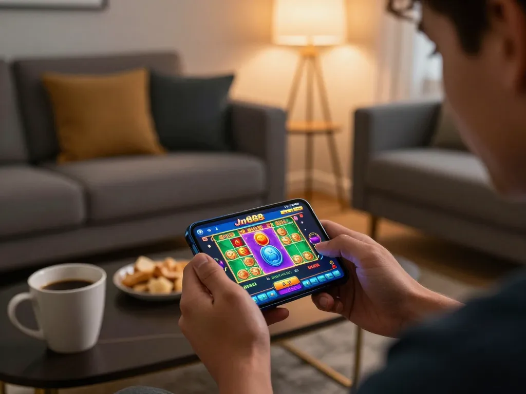 Player engaging with the jun888 casino app on a smartphone in a cozy home setting, showcasing online gaming