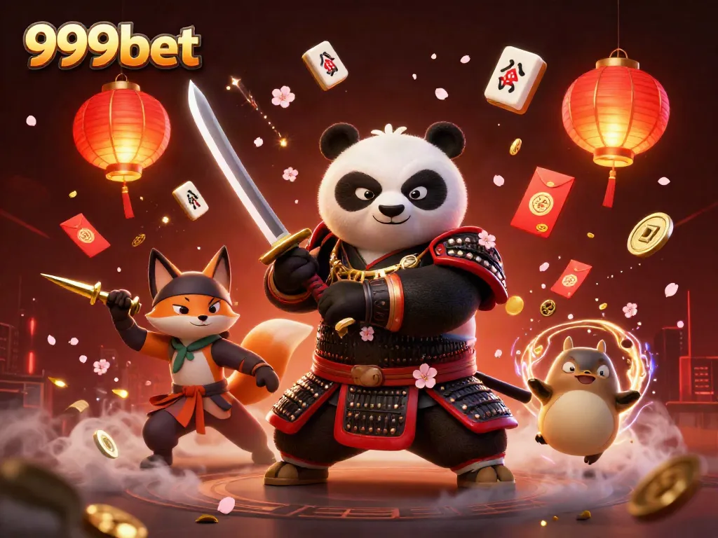 Experience thrilling adventures at 999bet with a dynamic scene featuring a samurai panda and ninja fox.