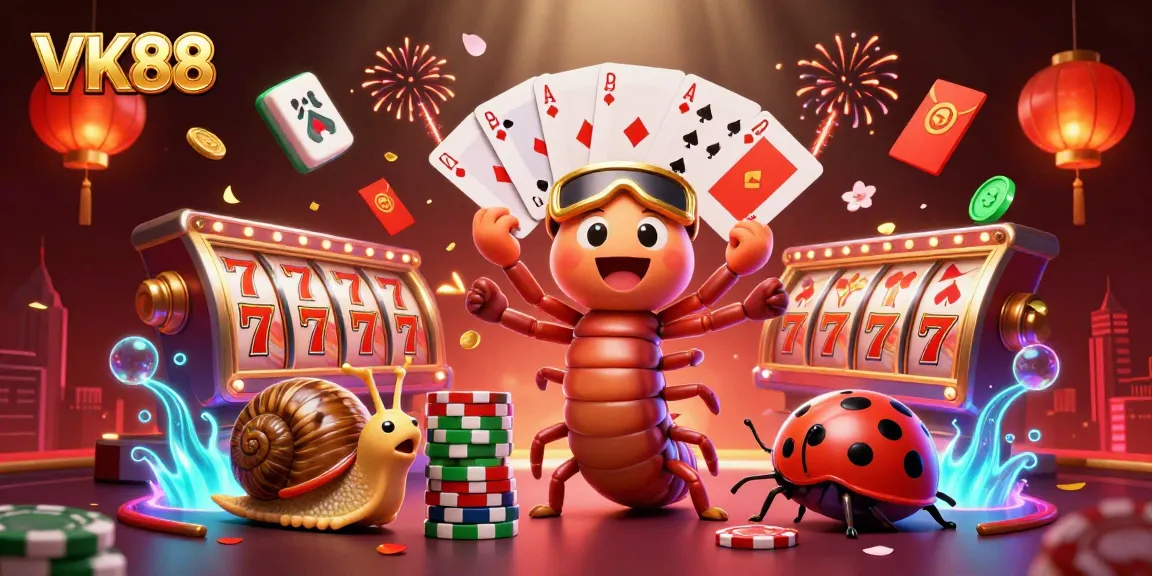Experience fun gaming adventures with VK88 as giant casino characters interact with vibrant slot machines.