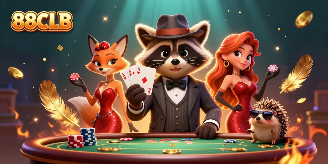 Engage in exciting poker at 88CLB with a suave raccoon and friends highlighting the fun.