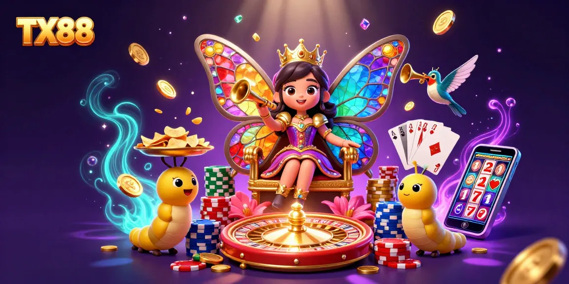 TX88 enchants players with a vibrant 3D casino scene featuring a butterfly queen and dazzling game elements.