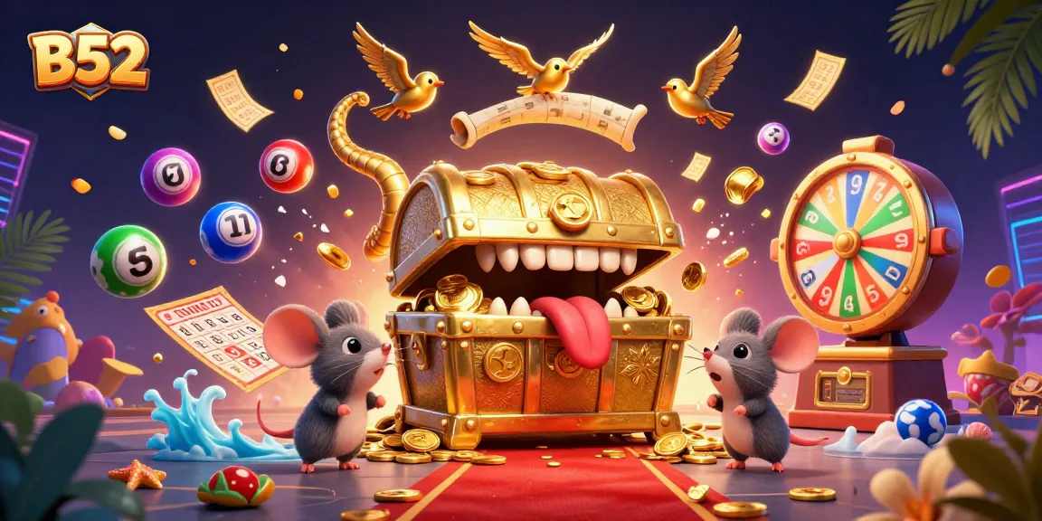 Spin to win with B52-themed treasures attracting adventurer mice in a vibrant casino atmosphere.