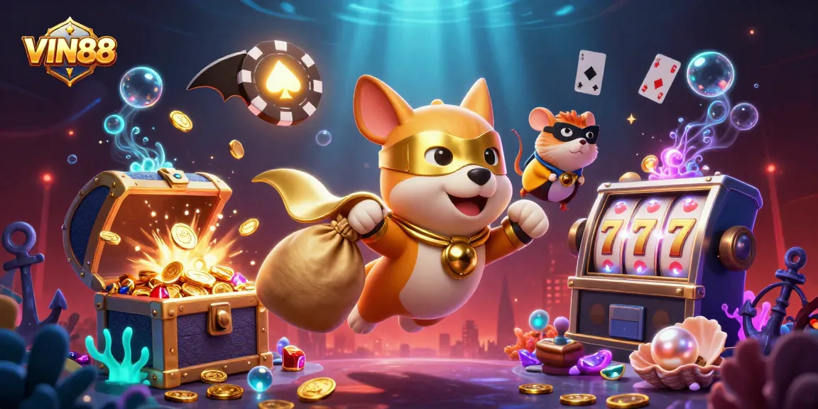 Join the fun with VIN88 as a superhero dog and sidekick hamster fly through vibrant casino elements.