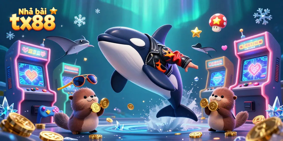 Engage with Nhà cái tx88 through this vibrant illustration of arcade games and underwater characters.