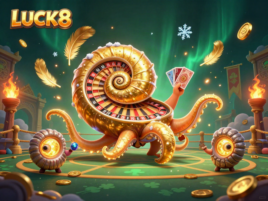 LUCK8 games showcase an ancient nautilus roulette wheel surrounded by vibrant casino elements in a dynamic scene.