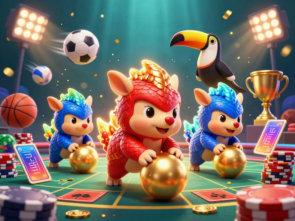 Experience exciting gaming action with Fly88 as armored pangolins compete amidst poker chips and sports elements.