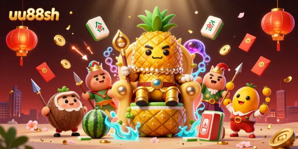 Engage with the vibrant casino experience at uu88sh, featuring a golden pineapple king and colorful game elements.