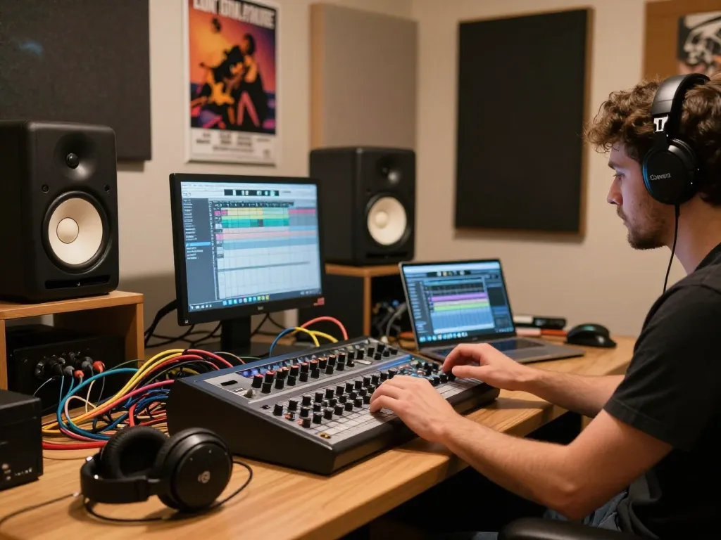 Audio engineer using da 88 Tascam multitrack recorder in a cozy home studio