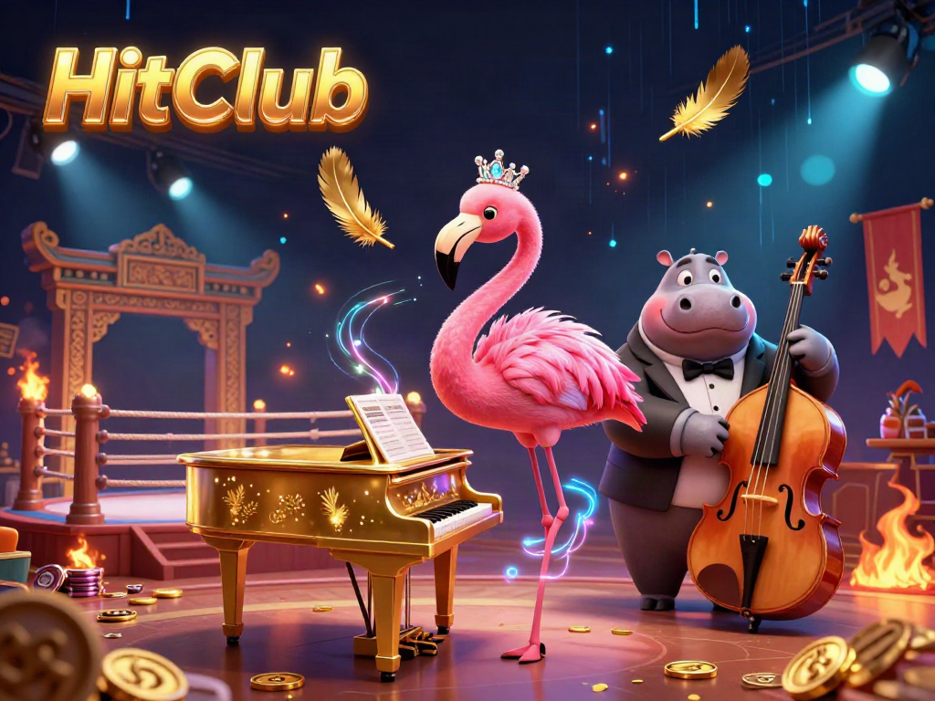 Experience HitClub with a vibrant casino scene featuring a flamingo singer and hippo bassist at a dazzling performance.