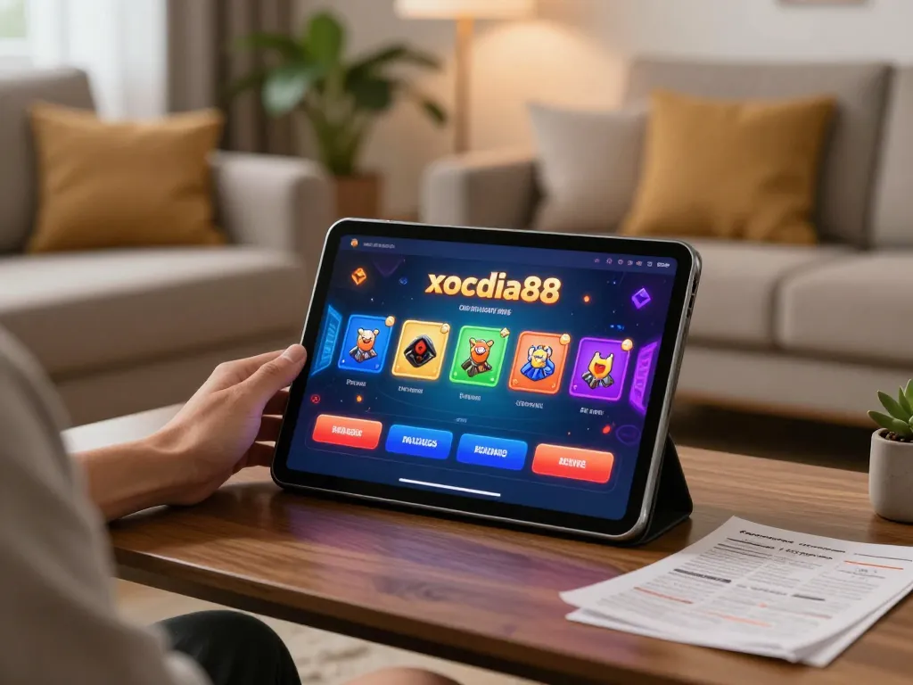 xocdia88 player enjoying online gaming on tablet in a cozy living room.