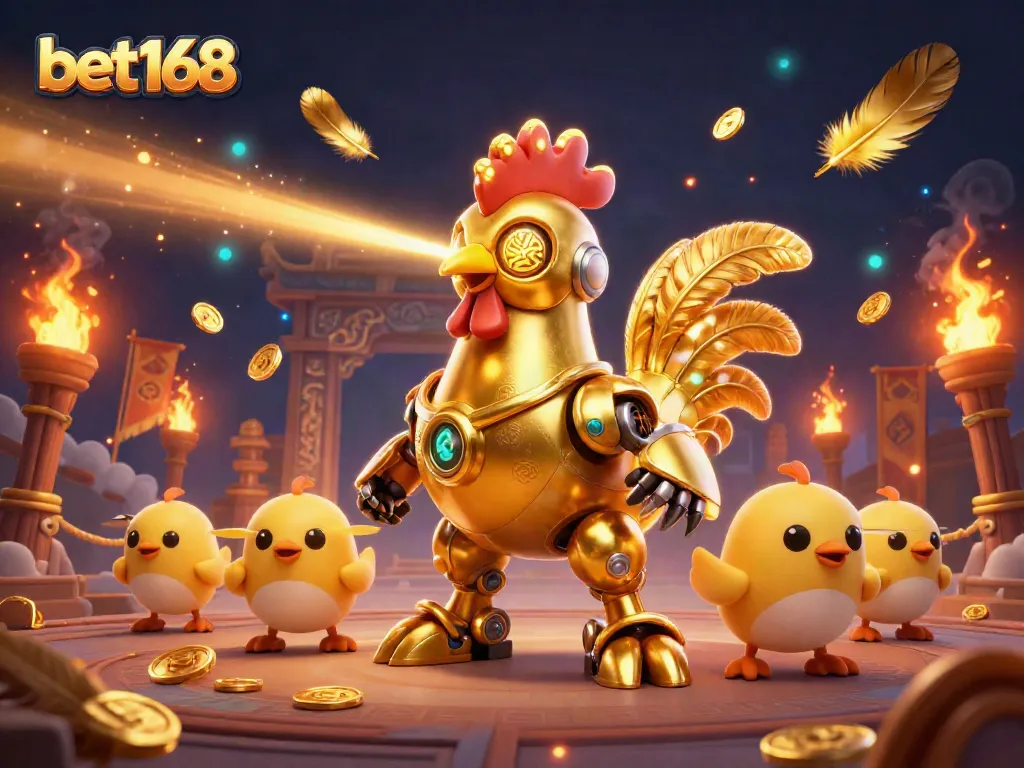 Bet168 showcases an exciting gambling scene with a golden rooster robot and baby chick drones amidst rich casino elements.