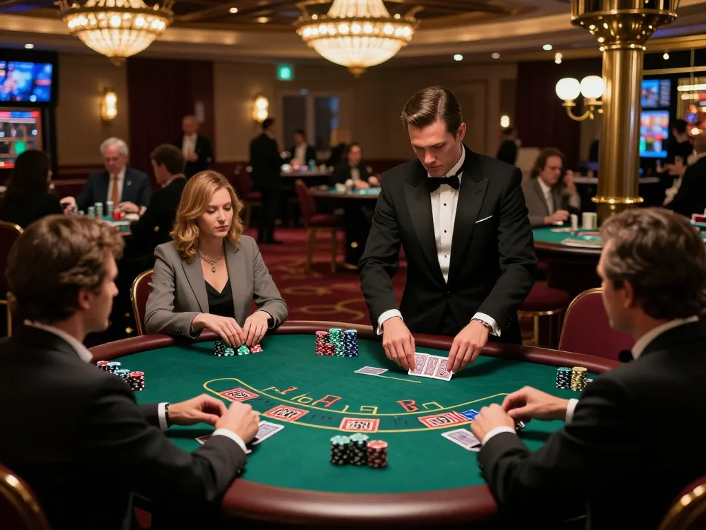 Players engaged in strategic gameplay at LC 88's blackjack table surrounded by a vibrant casino atmosphere.