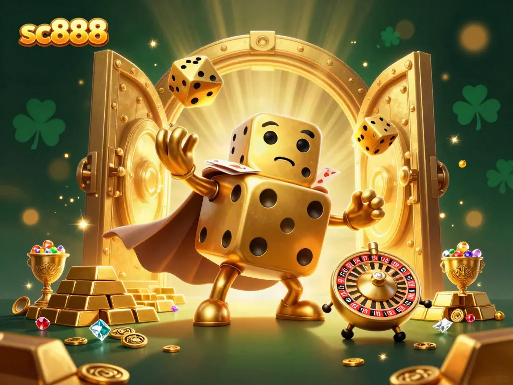 Experience thrilling moments with sc888's golden dice golem and treasures, showcasing excitement and winnings.