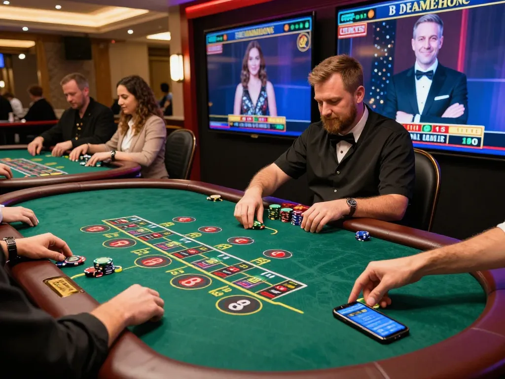 Players engaging in a live dealer blackjack game on 9bet with vibrant screens and immersive atmosphere