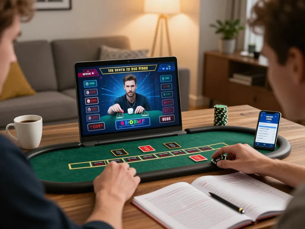 Player engaging in online gambling at home with bet168 app on laptop, showcasing an intense blackjack game.
