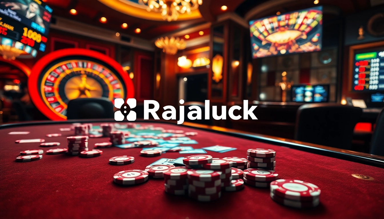 Rajaluck players enjoying a vibrant casino atmosphere with poker chips and roulette wheel.