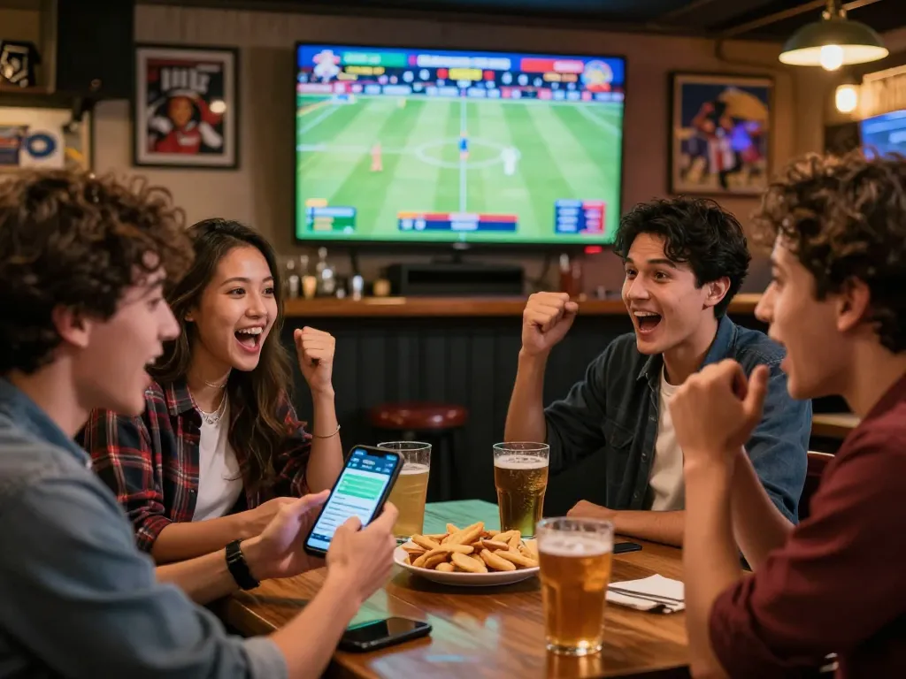 Friends engaging in sports betting at a bar, checking live odds on a smartphone, fc88k brings excitement and strategy to their game.