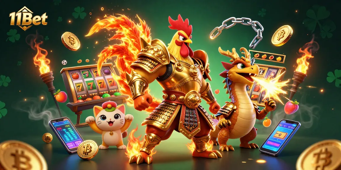 Experience thrilling slots at 11Bet with dynamic characters and crypto elements in this lively casino illustration.