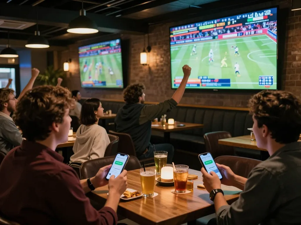 Watch patrons using the fa bet app in a lively sports bar setting, capturing betting excitement