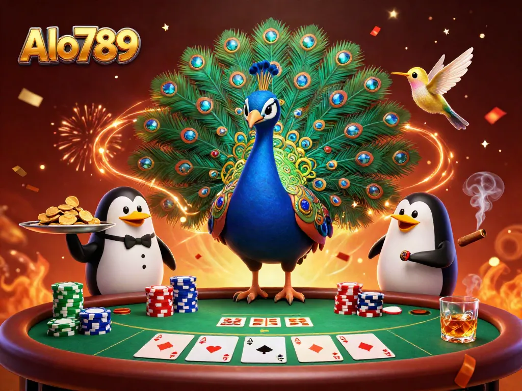 Alo789 players enjoying an exciting poker game with colorful chips, cards, and vibrant characters.