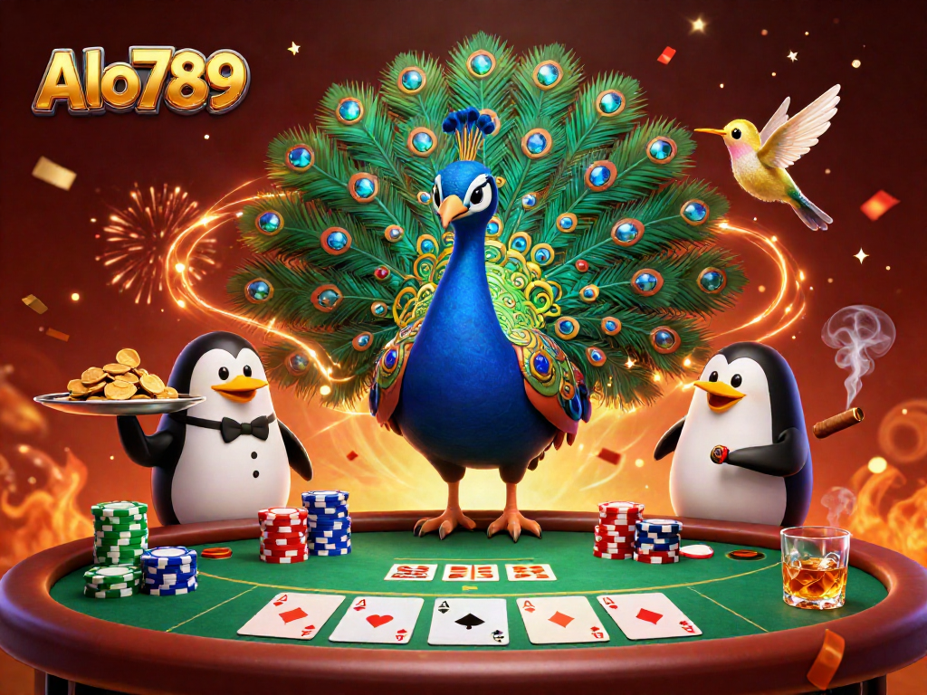 Alo789 players enjoying an exciting poker game with colorful chips, cards, and vibrant characters.