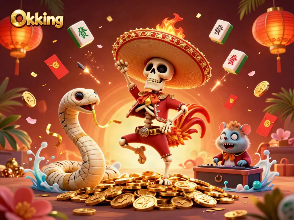 Experience thrilling wins with Okking's jackpot visuals featuring festive characters and casino elements.