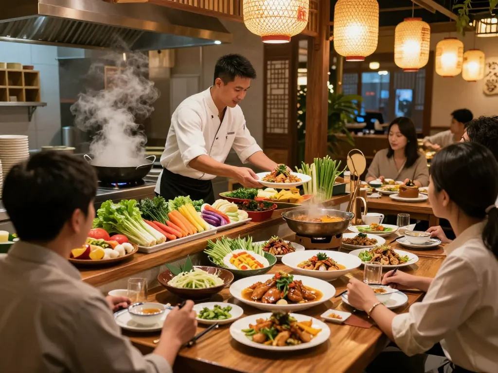 RED88 Asian restaurant scene with chefs cooking and diners enjoying flavorful dishes in an inviting atmosphere.