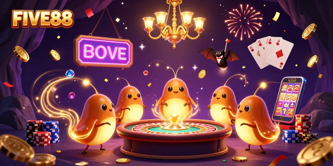 Experience the excitement at FIVE88 casino with glowworms and a bat dealer, surrounded by colorful coins and poker chips.