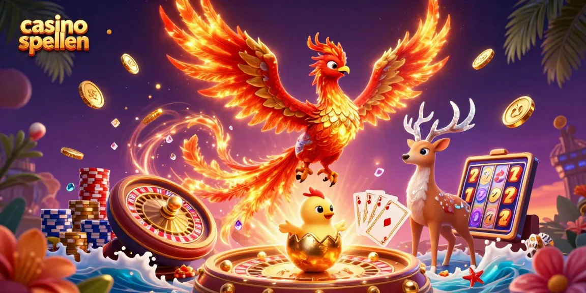 Verken casino spellen met deze kleurrijke 3D-illustratie vol actie en energie.