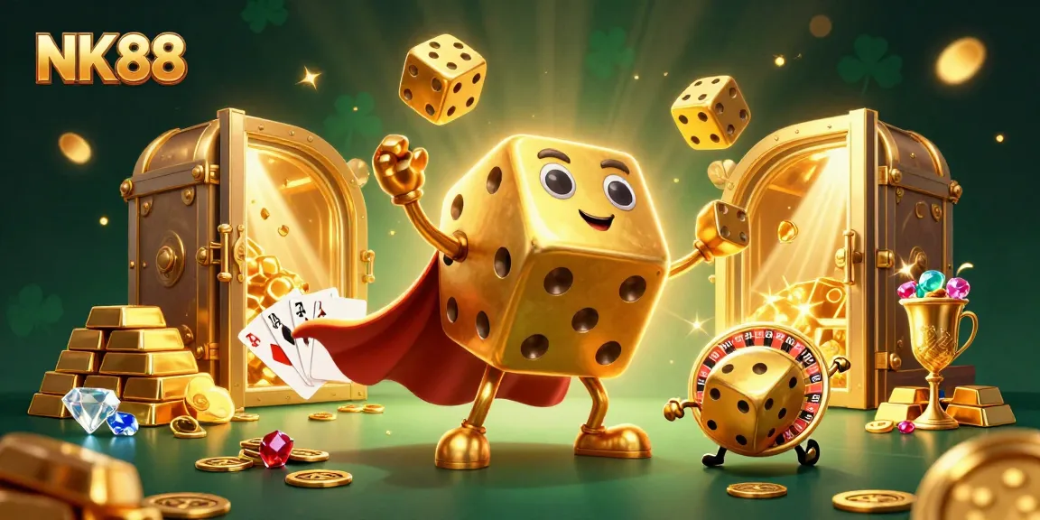 Engage with NK88's exciting casino world featuring golden dice, jewels, and dynamic gameplay.